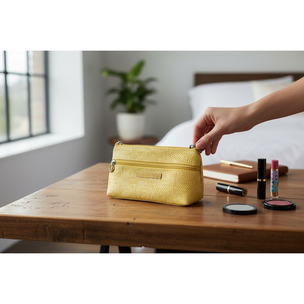 Tender Love + Carry Cosmetic Bag Women Small Yellow NWOT Chevron Pouch